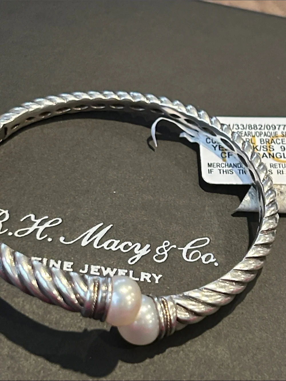 Silver-Tone Rope Bangle with White Pearl Accents